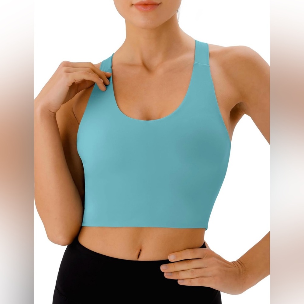 NEW L Blue Sports Bra Criss-Cross Back Padded Workout Tank crop Top Med Support